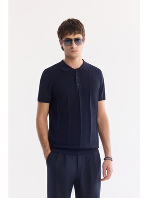 AVVA Erkek Lacivert Polo Yaka Düğmeli Regular Fit Triko T-Shirt A61Y5006