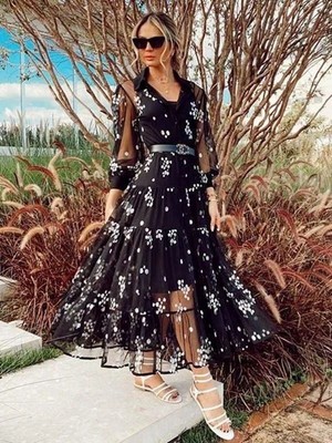 Nidam Butik Kadın Flok Kumaş Çiçek Desenli Elbise