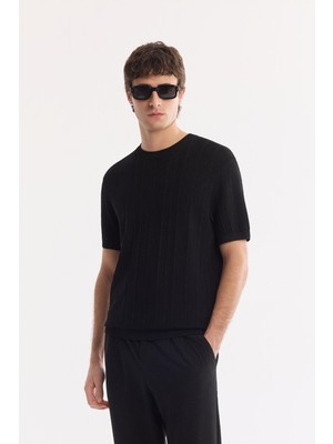 AVVA Erkek Siyah Bisiklet Yaka Kolay Ütülenen Kırışmaz Regular Fit Triko T-Shirt A61Y5032