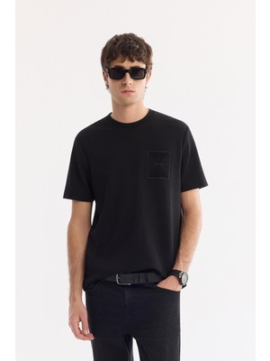 AVVA Erkek Siyah Bisiklet Yaka Baskılı Bi-Stretch İnterlok Regular Fit T-shirt A61Y1067