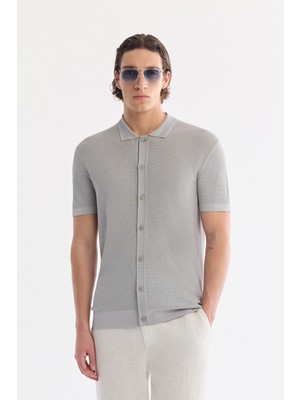 AVVA Erkek Gri Polo Yaka Önden Düğmeli Regular Fit Triko T-Shirt A61Y5017