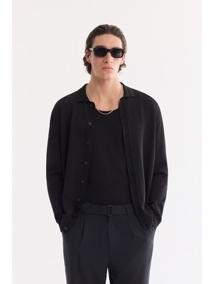 AVVA Erkek Siyah Polo Yaka Önden Düğmeli Rayon Triko Hırka A61Y5001