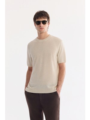 AVVA Erkek Bej Bisiklet Yaka Keten Karışımlı Comfort Fit Triko T-Shirt A61Y5014
