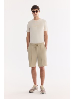 AVVA Erkek Bej Beli Lastikli Yandan Cepli Nervürlü Pike İnterlok   Şort A61Y3630