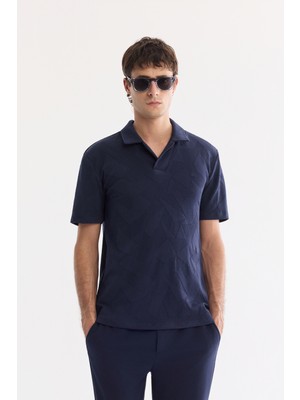 AVVA Erkek Lacivert Apaj Yaka Kolay Ütülenen Elastan Regular Fit T-Shirt A61Y1156