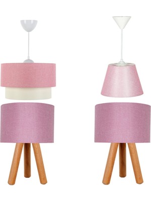 Normadia Şık 3'lü Abajur Avize Seti, Pembe, 3 Ayaklı Masa Lambası
