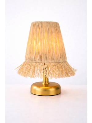 Normadia Şık Kablosuz Rafya Masa Lambası, Bohem Pilli LED Abajur, Gold Gövde