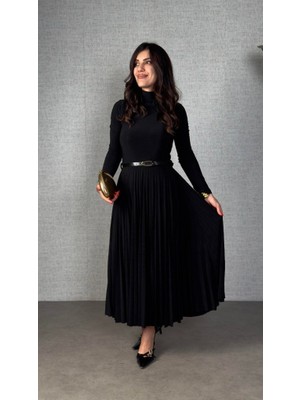 Gökyüzü Moda Kadın Uzun Kollu Balıkçı Yaka Kemersiz Pileli Uzun Sandy Elbise