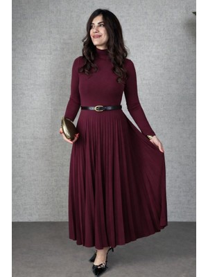 Arben Boutique Kadın Uzun Kollu Balıkçı Yaka Kemersiz Pileli Uzun Sandy Elbise