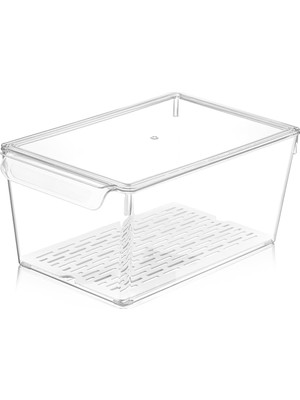 Skygo Kapaklı Süzgeçli Buzdolabı ve Dolap Organizeri, Şeffaf Akrilik Saklama Kabı, Sebze Meyve Düzenleyici, Havalandırmalı Kapak (20 x 32,5 x 14,5 Cm)