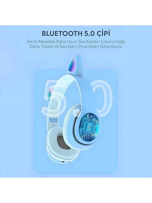 Skygo Kedi Kulak Rgb LED Işıklı Kablosuz Bluetooth Kulaklık Mikronlu Hafıza Kartı Girişli Kedi Kulaklık (Mavi)
