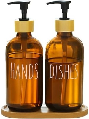 Skygo Cam Dispenser Seti – 2’li Şişe (Hands & Dishes Etiketli), Bambu Kapaklı, Sıvı Sabun & Deterjan Pompası