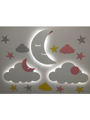 Normadia Işıklı Ay ve Bulut Tasarımlı Ahşap Gece Lambası, Çocuk Odası Dekorasyonu