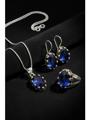 Roza Silver Safir Taşlı Otantik Gümüş Kadın Set