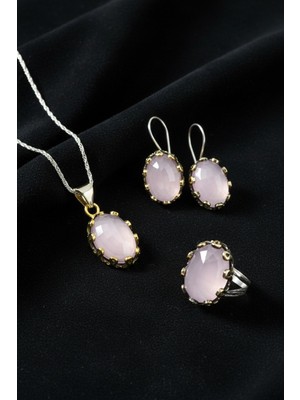 Roza Silver Pembe Kuvars Taşlı Otantik Gümüş Kadın Set
