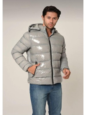 Elevli Kapüşonlu Parlak Şişme Mont