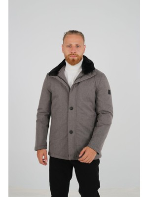 Elevli Dik Yaka Kürklü Erkek Mont Vizon