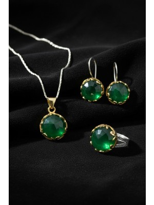 Roza Silver Zümrüt Taşlı Vav Harfi Motifli Otantik Gümüş Kadın Set