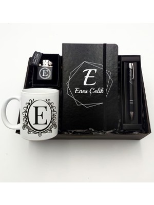 As Gift Kişiye Özel Siyah Defter & Beyaz Kupa Bardak & Siyah Çakmak & Siyah Kalem Hediye Seti