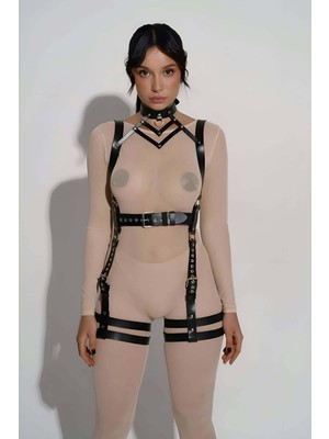 Şık Deri Body Harness, Tasma ve Kemer Detaylı Harness  - APFT1301