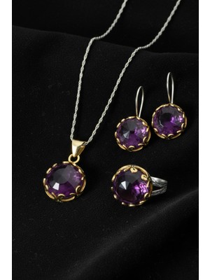 Roza Silver Ametist Taşlı Vav Harfi Motifli Otantik Gümüş Kadın Set