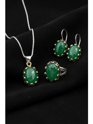 Roza Silver Yeşim Taşlı Otantik Gümüş Kadın Set