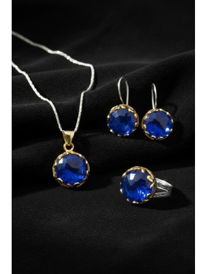 Roza Silver Safir Taşlı Vav Harfi Motifli Otantik Gümüş Kadın Set