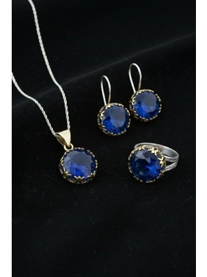 Roza Silver Safir Taşlı Lale Motifli Yuvarlak Otantik Gümüş Kadın Set