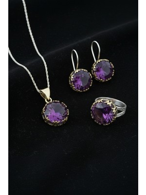 Roza Silver Ametist Taşlı Lale Motifli Yuvarlak Otantik Gümüş Kadın Set