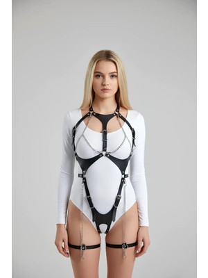 Deri Body Harness, Zincir ve Kelepçeli Fantezi Iç Giyim - APFT1098
