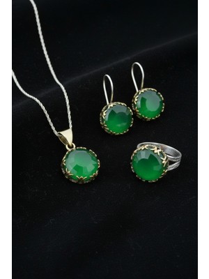 Roza Silver Zümrüt Taşlı Lale Motifli Yuvarlak Otantik Gümüş Kadın Set