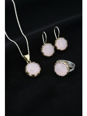 Roza Silver Pembe Kuvars Taşlı Lale Motifli Yuvarlak Otantik Gümüş Kadın Set