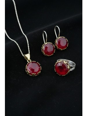 Roza Silver Lal Taşlı Lale Motifli Yuvarlak Otantik Gümüş Kadın Set