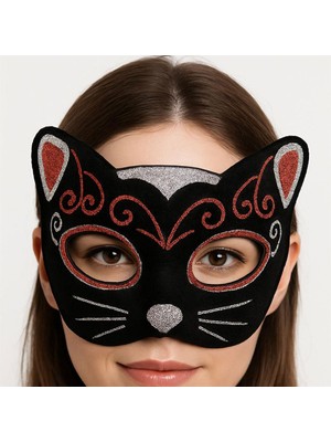 Marsilyan Kadife Dokulu Sim Detaylı Işıltılı Kedi Maskesi Kırmızı Gümüş 20X13 cm