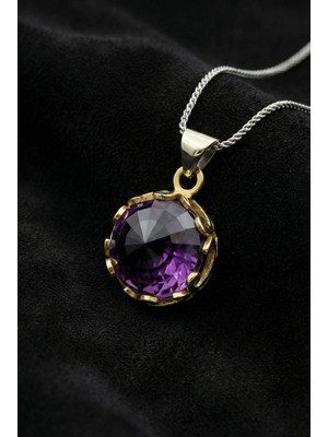 Ametist Taşlı Vav Harfi Motifli Otantik Gümüş Kadın Kolye