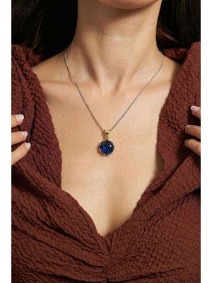 Roza Silver Safir Taşlı Lale Motifli Otantik Gümüş Kadın Kolye