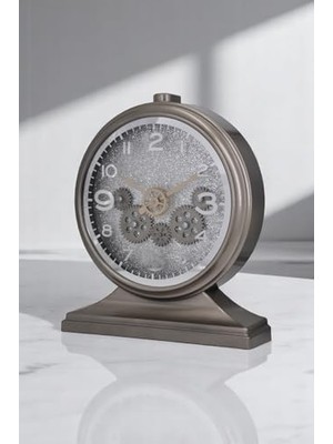 Skygo Premium Serisi Modern Kadranlı Döner Çarklı 32X28 cm Ev ve Ofis Masa ve Duvar Saati Latin Rakamlı Simli Gri