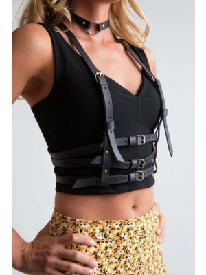 3 Sıralı Gömlek ve T-Shirt Üzeri Şık Deri Kemer ve Choker - APFT615