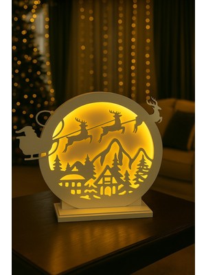 Normadia Yılbaşı Temalı Ahşap LED Lamba, Kızaklı Santa Tasarımı, Hediye Seçeneği