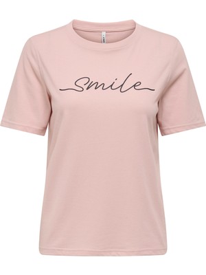 Only O Yaka Baskılı Açık Pembe Kadın T-Shirt Onlabelone S/s Word Top Box Jrs