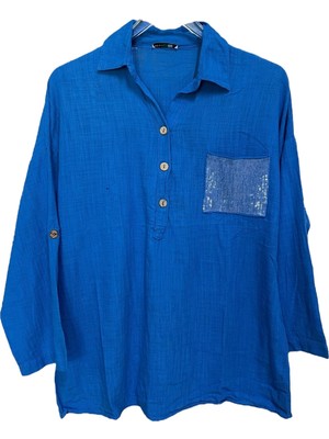 Kadın Mavi Payet Cepli Yıkamalı Gömlek Yaka | %100 Organik Pamuk Rahat Kalıp Bluz