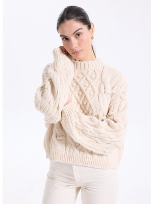 People By Fabrika Ekru Kadın Bisiklet Yaka Relaxed Balıksırtı Kazak PBF5WL-KZK9532