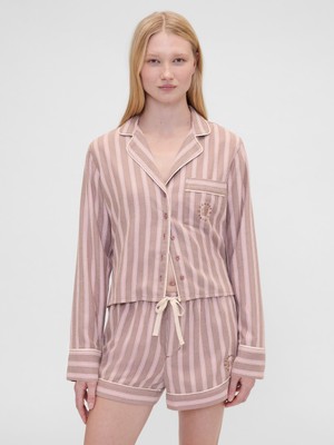 Gap Kadın Koyu Pembe Gap × Summer Fridays Relaxed Flannel Çizgili Pijama Üstü