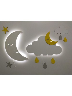 Normadia Ahşap Ay Bulut Işıklı Gece Lambası, Çocuk Odası Için Ledli Aydınlatma