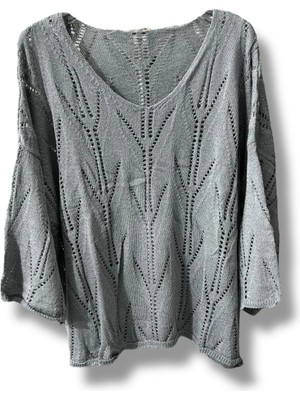 Oversize Ajurlu Merserize Triko Bluz Kadın V Yaka (38-52 Beden Uyumlu)