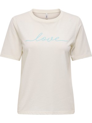 Only O Yaka Baskılı Kırık Beyaz Kadın T-Shirt Onlabelone S/s Word Top Box Jrs