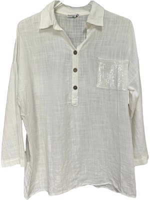 Kadın Mavi Payet Cepli Yıkamalı Gömlek Yaka | %100 Organik Pamuk Rahat Kalıp Bluz