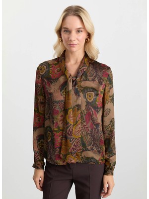 Selen Şal Yaka Emprime Kahve Kadın Bluz 25KSL8202