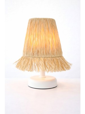 Normadia Şık Hasır Rafya Kablosuz Pilli Abajur, Bohem Masa Lambası, Beyaz Metal Ayak