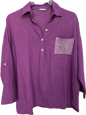 Kadın Mavi Payet Cepli Yıkamalı Gömlek Yaka | %100 Organik Pamuk Rahat Kalıp Bluz